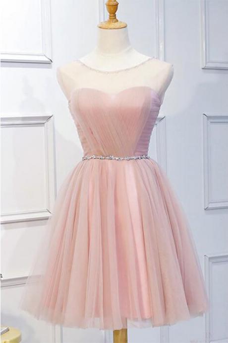 Pink Tulle Homecoming Dress With Beading Sash, A Line Sleeveless Prom Dress With Beads