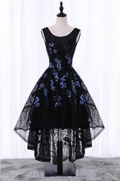 High Low Sleeveless Lace Homecoming Dress, A Line Black High Low Prom Dress, Unique High Low Graduation Dresses