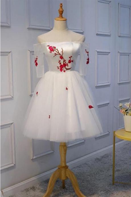 Ivory Off Shoulder Tulle Homecoming Dresses With Red Applique, Half Sleeves Tulle Short Prom Dress