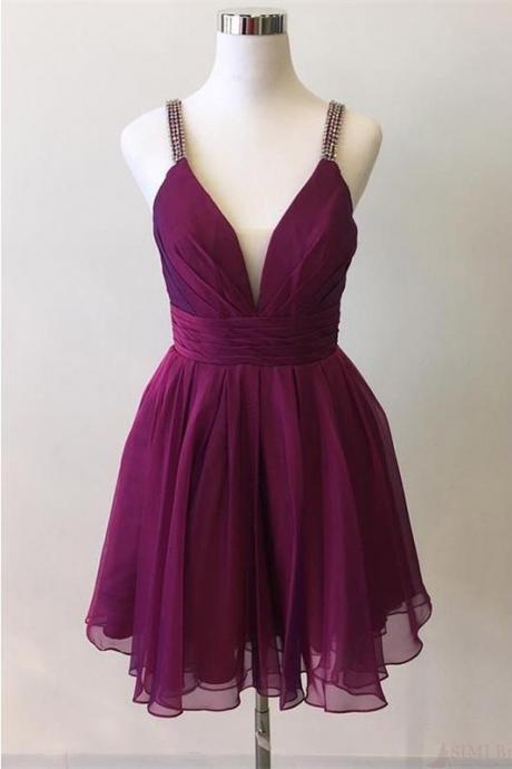 Short Chiffon Homecoming Dress With Pleats, A Line V Neck Graduation Dress With Beading Straps, Mini Pleating Homecoming Gown