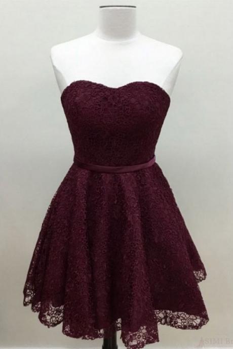A Line Knee Length Sweetheart Homecoming Dress, Lace Homecoming Gown, Strapless Graduation Dress With Belt