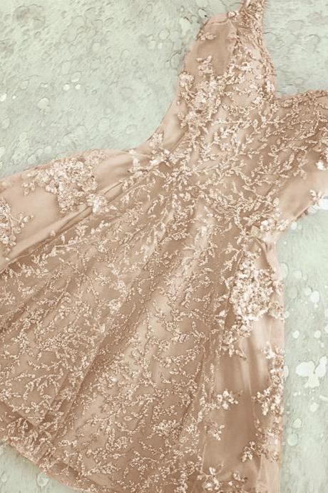 Champagne Spaghetti Straps Lace Homecoming Dress, Mini V Neck A Line Short Prom Dress, Champagne Lace Cocktail Dress