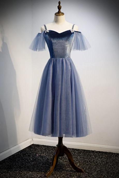 Blue Velvet Tulle Short Prom Dress, Party Dress