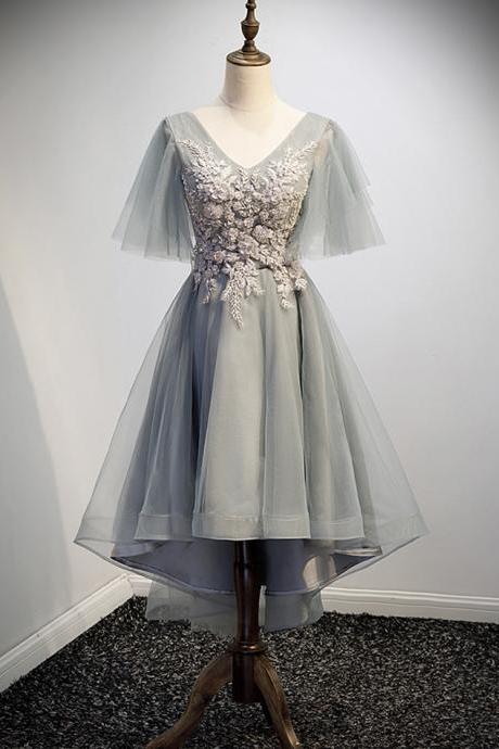 Grey V Neck Lace Short Prom Dress, High Low Evening Dress