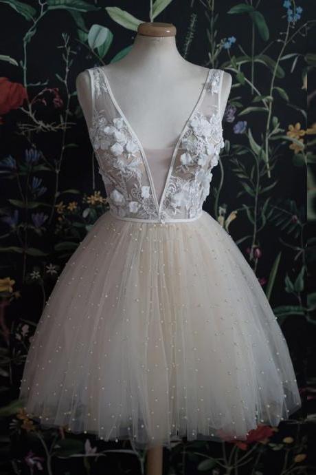 Champagne V Neck Tulle Beads Short Prom Dress, Homecoming Dress