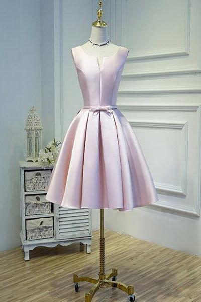 Pink Short Satin Knee Length Homecoming Dress, Pink Prom Dress
