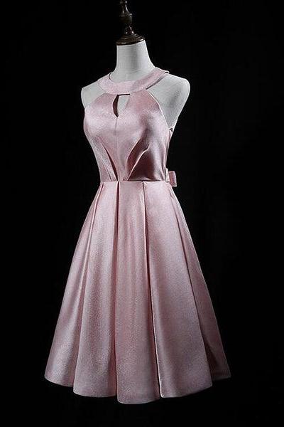 Pink Cute Short Satin Halter Homecoming Dress With Bow, Pink Prom Dress