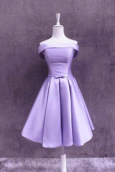 Lovely Off Shoulder Style Light Purple Satin Homecoming Dress, Short Prom Dress