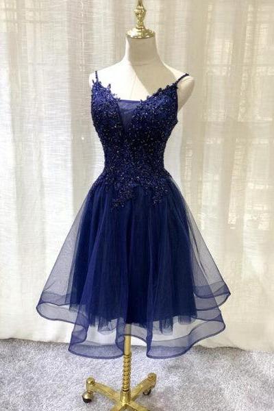 Navy Blue V-neckline Tulle Short Homecoming Dress, Lace Applique Short Party Dress
