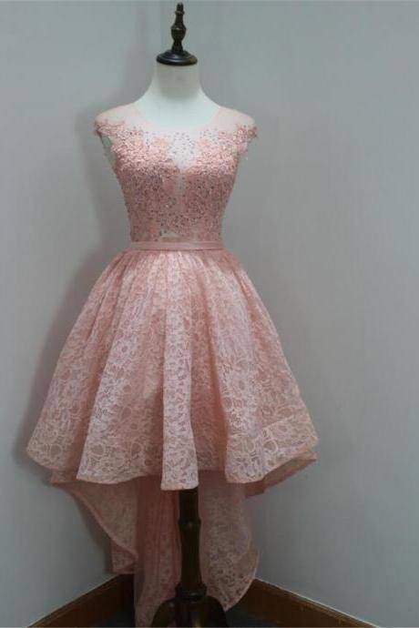 Stylish Round Neck High Low Lace Pink Evening Dress, Homecoming Dress, Prom Dress