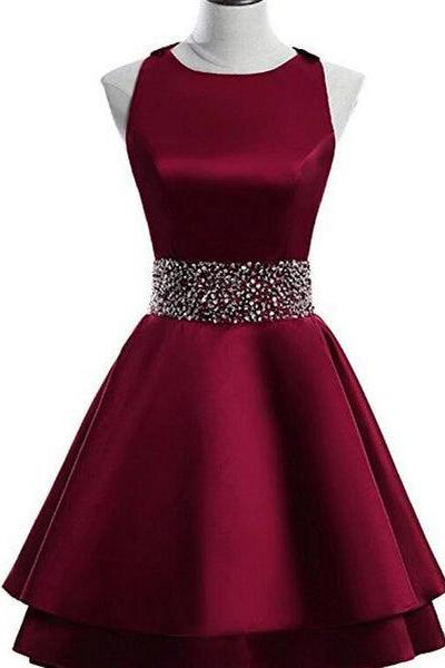 Dark Red Satin Short Two Layered Homecoming Dress, O-neckline Party Dress, Short Formal Dress