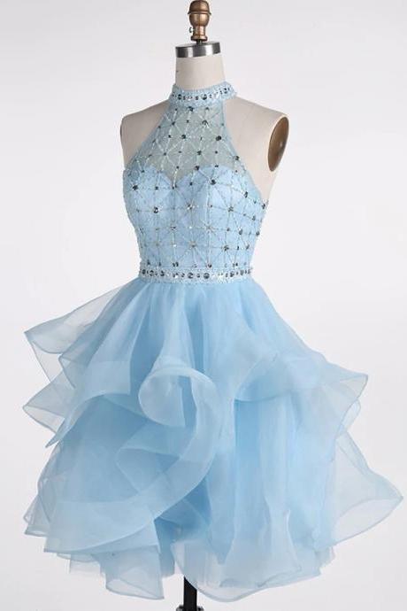 Light Blue Beaded Layers Knee Length Party Dress, Blue Homecoming Dress, Short Prom Dress