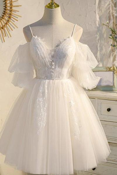 Lovely White Tulle With Lace V-neckline Short Prom Dress, Party Dress, Cute Homecoming Dress