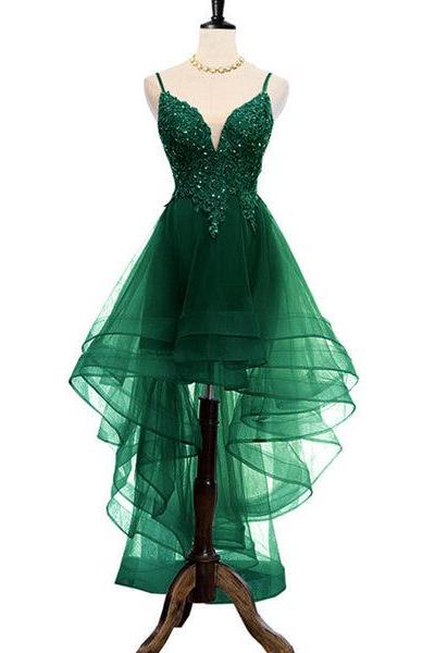 Lovely Dark Green High Low Chic Party Dress, Prom Dress, V-neckline Straps Homecoming Dress