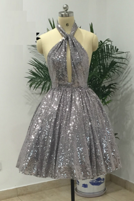 Sexy Grey Halter Backless Short Homecoming Party Dresses A Line Sequins