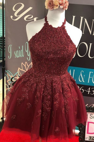 formal lace short homecoming dresses, lace short prom dresses, burgundy knee length Dress