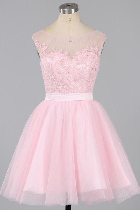 Baby Pink Cocktail Dress, Tulle Graduation Dress, Neckline Lace Evening Dress, A-Line Short Homecoming Dress