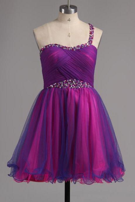 Purple Chiffon Cocktail Dress, Crystal Embellished Graduation Dress, One-Shoulder Evening Dress, A-Line Short Homecoming Dress