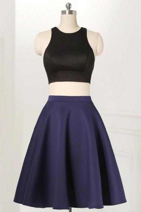 Jewel Neck Two Piece Homecoming Dress, Classic Black and Blue Homecoming Dress with Pleats, A-line Satin Homecoming Dress