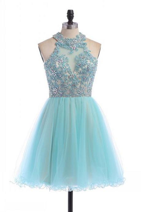 Short Tulle Homecoming Dress Featuring Lace Appliqués and Beaded Embellished Halter Neck Bodice