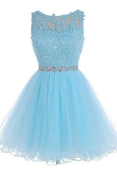 Sleeveless A-line Beaded Short Homecoming Dress with Lace Bodice in Aqua Blue