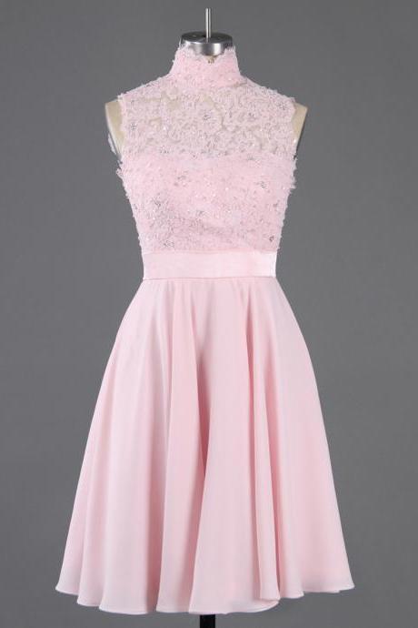 Pink High Neck Lace Applique and Beaded Chiffon A-Line Short Cocktail Dress, Graduation Dress, Evening Dress, Homecoming Dress