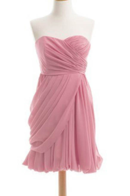Asymmetric Ruched Short Homecoming Dress, Cute Sweetheart Mini Bridesmaid Dress, Chic Pink Chiffon Bridesmaid Dress