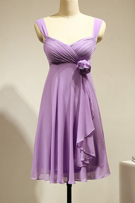 Lavender Bridesmaid Dress With Flower, Short Chiffon Bridesmaid Dress, Fashion Bridesmaid Gowns