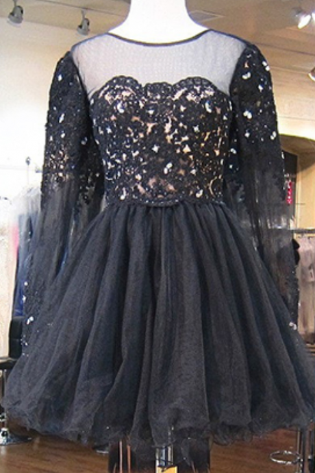 Black Lace Prom Dresses,Short Prom Dresses, Lace Prom Dress,Short Homecoming Dress,Prom Dress with Full Sleeves