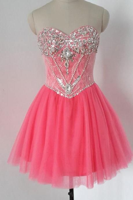 Lace Homecoming Dresses, Short Prom Dresses, Watermelon Prom Dresses, Tulle Prom Dresses Ruffles