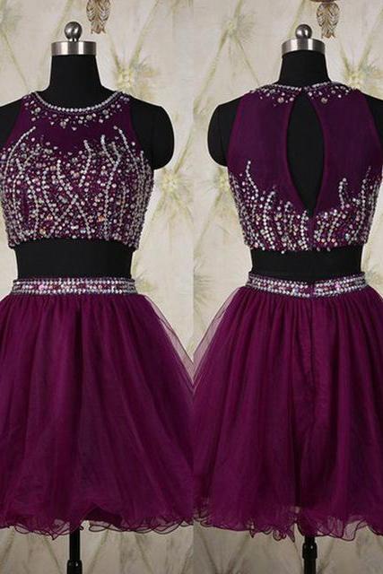 Purple Prom Dresses, Short Tulle Homecoming Dresses, Two Pieces Prom Dresses, Sexy Prom Dresses