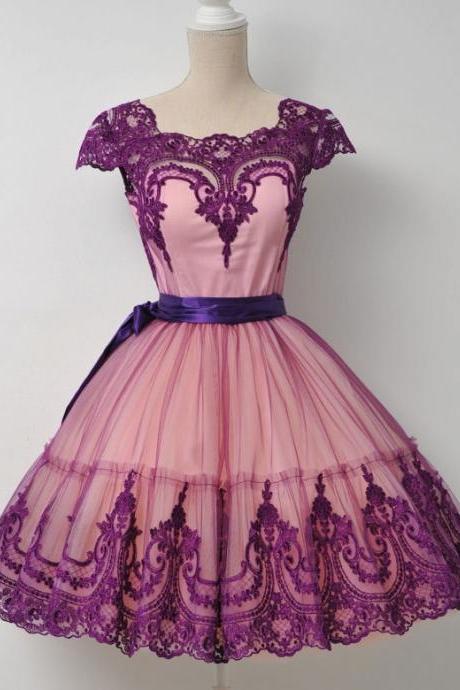 Pink Tulle Purple Lace Prom Dresses, Cap Sleeves Prom Dresses, Short Homecoming Dresses, Lace Prom Dresses