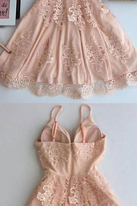 Cute V Neck Lace Short Homecoming Dress, Prom Dresses, Party Dresses