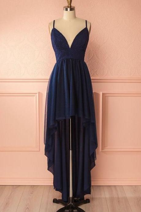 Straps High Low Navy Blue Homecoming Dress Party Dress