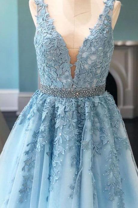 Blue Appliques Beaded Sleeveless A Line Tulle Short Homecoming Dresses