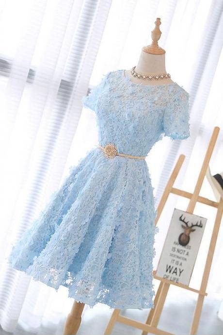 lace short blue prom dress, blue homecoming dress