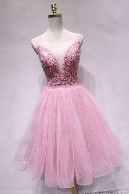 Pink tulle sequin short prom dress, pink homecoming dress