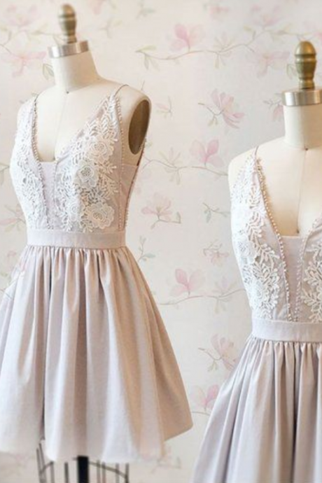 SIMPLE V NECK LACE SHORT PROM DRESS, HOMECOMING DRESS