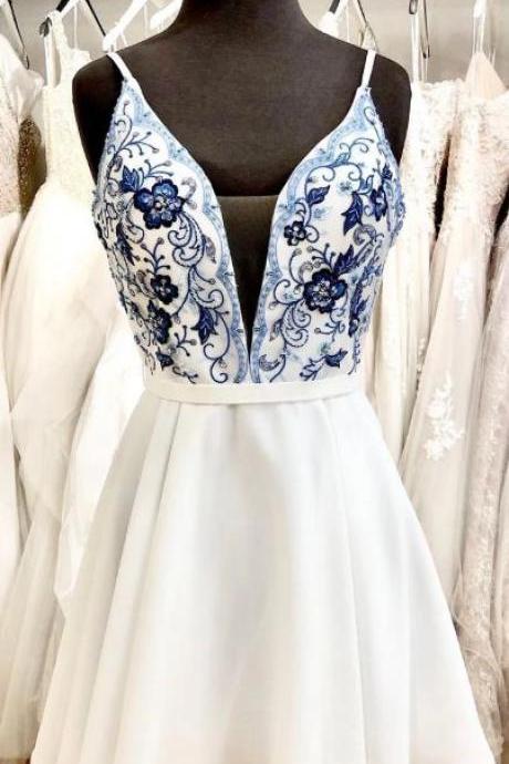 cute short white and blue floral embroidery short prom dress homecoming dress
