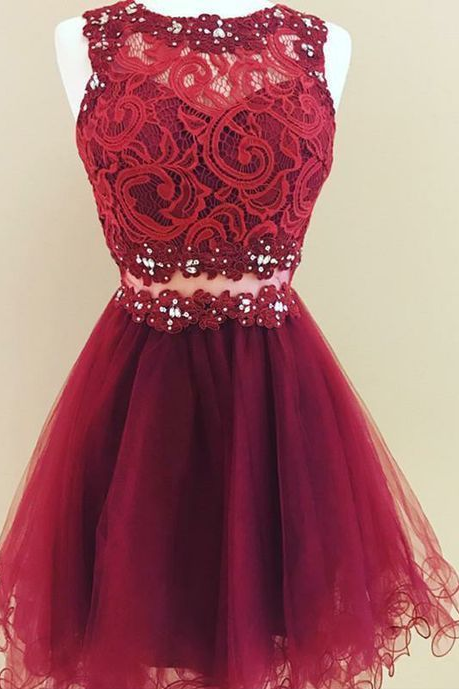 A-Line Jewel Short Burgundy Tulle Homecoming Dress with Lace Sequins