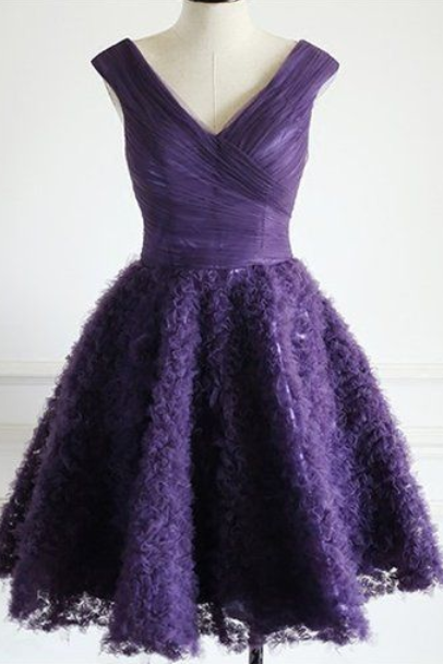 Purple V-neck Tulle Homecoming Dresses, Special Design, Short Prom Dress, Chic Party Dress