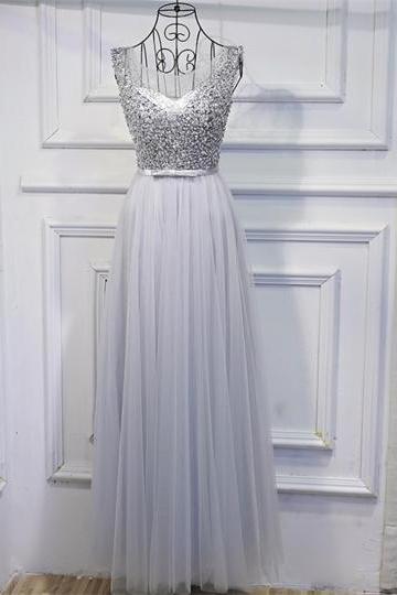 Grey Beaded Scoop Tulle Prom Dress,Long A Line Seuqined Evening Dress with Sash