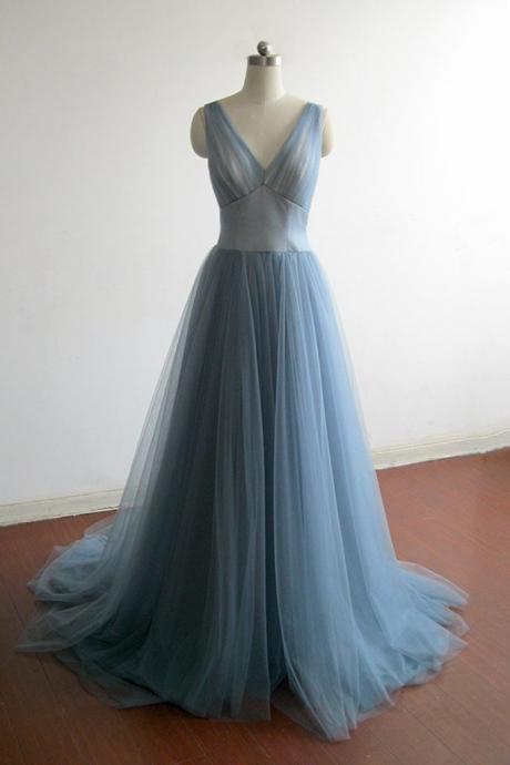 Elegant Grey Blue Tulle Long Prom Dress,V Neck Bridesmaid Dress, Evening Dress