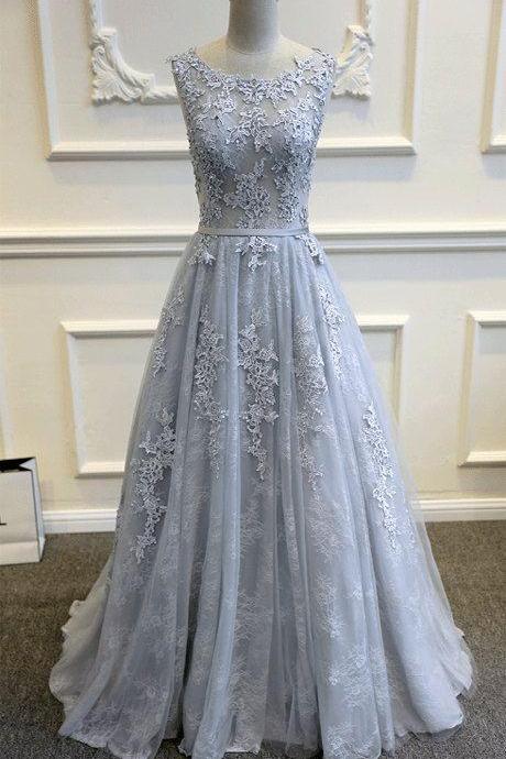 Grey Lace Long Sleeveless Evening Dress,Beautiful V-Back Scoop Neck Prom Dress