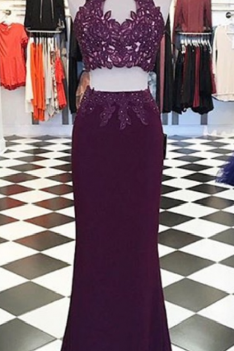Charming Two Piece Grape Applique Lace-up Mermaid Prom Dress,Beaded Long Evening Dress with Keyhole