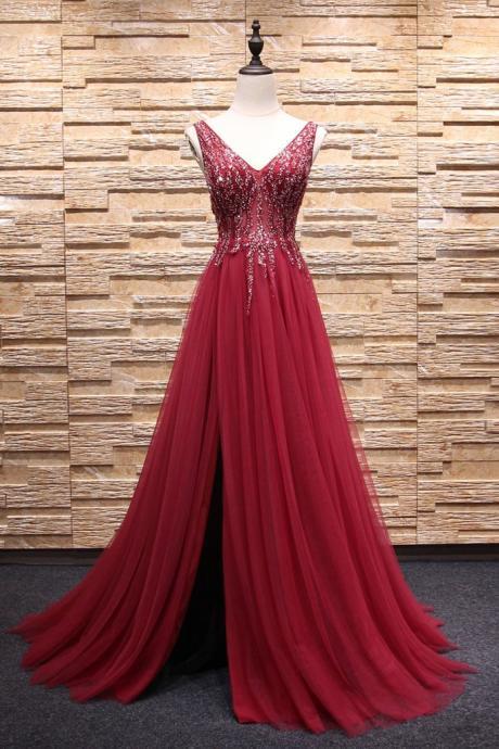 Burgundy Tulle Beaded Sequins Long Evening Dress,V-Neck Prom Dress 