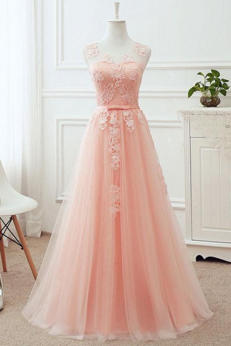 Simple Pink Sleeveless Prom Dress,Applique Round Neck Lace Up Bridesmaid Dresses