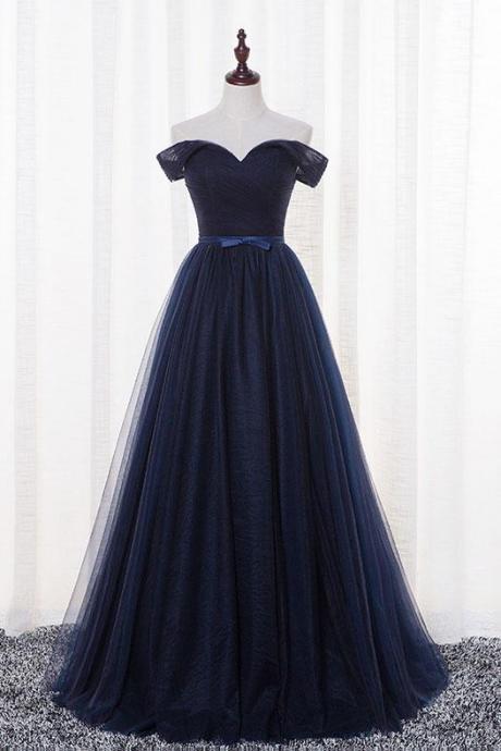 Simple Dark Navy Tulle Prom Dress,Lace up Tulle Evening Dress