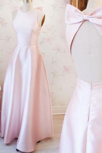 Light Pink Satin Crew Neck Halter Floor Length A-Line Bridesmaid Dress Featuring Bow Accent Open Back, Formal Dress