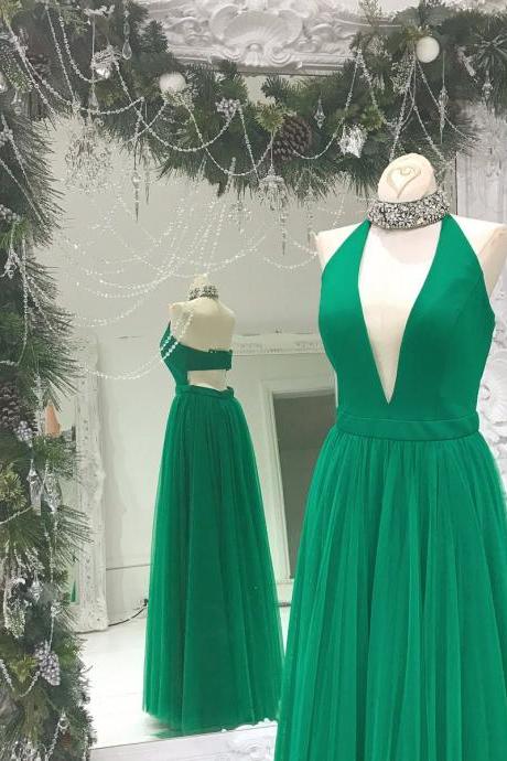 Elegant Deep V Neck Green Long Prom Dess,Backless Tulle Evening Dresses